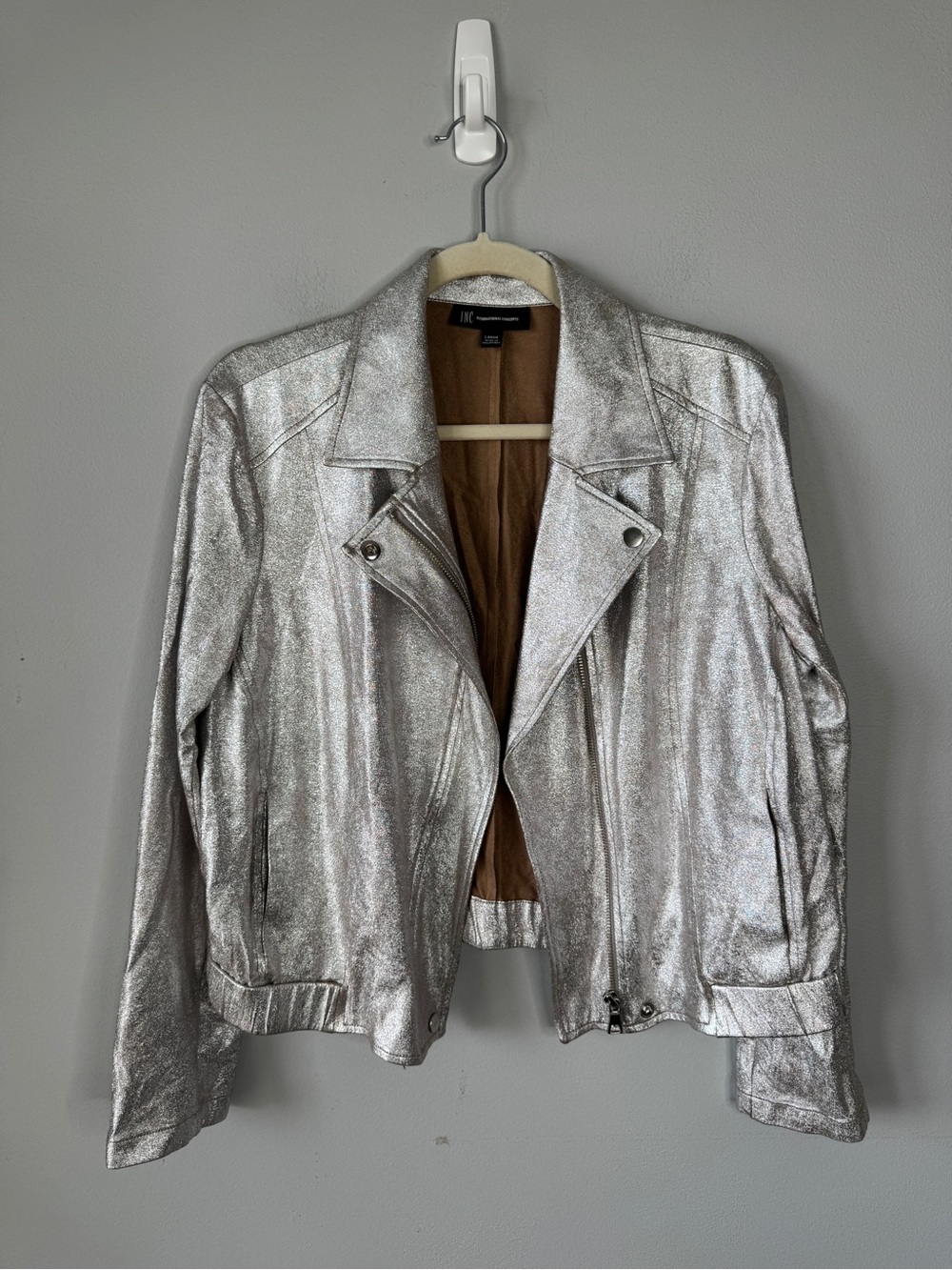 INC International Concepts Metallic Silver Leather Moto Jacket